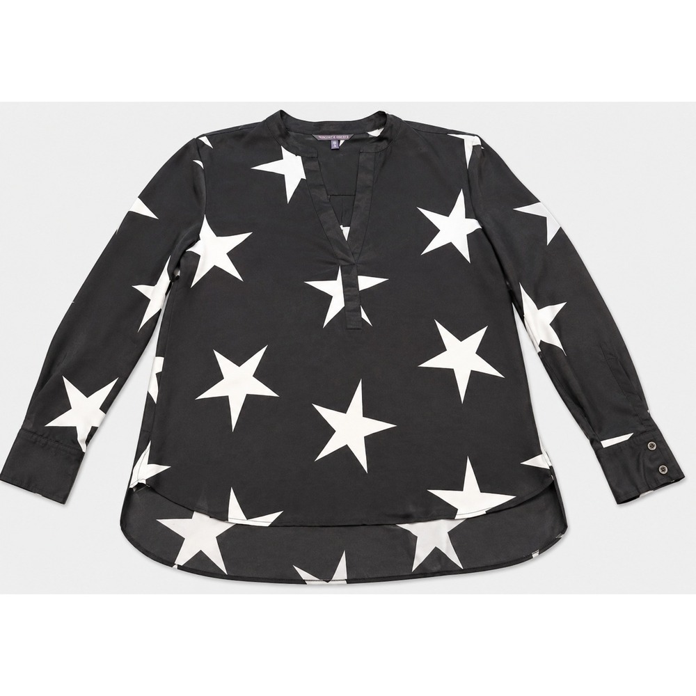 Victorias Secret Black White Star Print Split V-Neck High Low Tunic Blouse XS